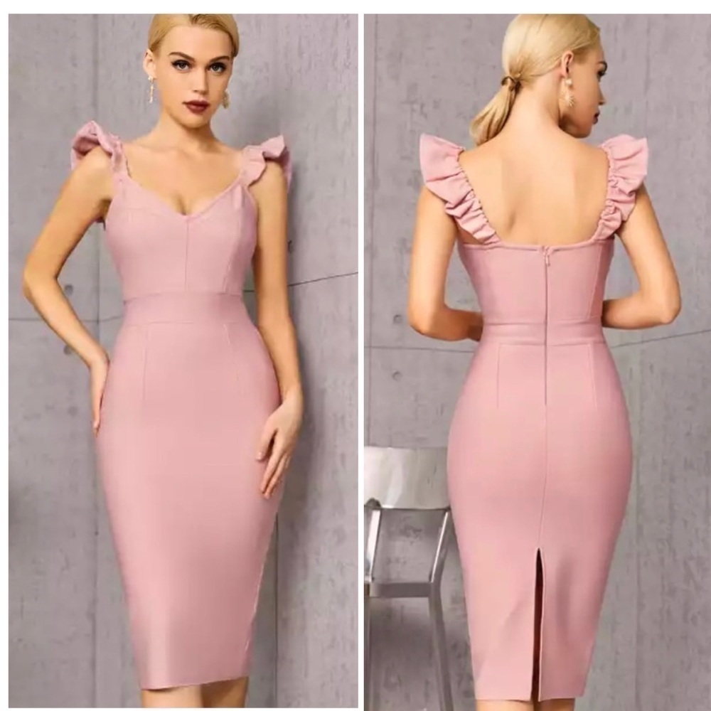 Blush Pink Bandage Bodycon Midi Dress Ruffle Strap Cocktail Wedding Guest M
